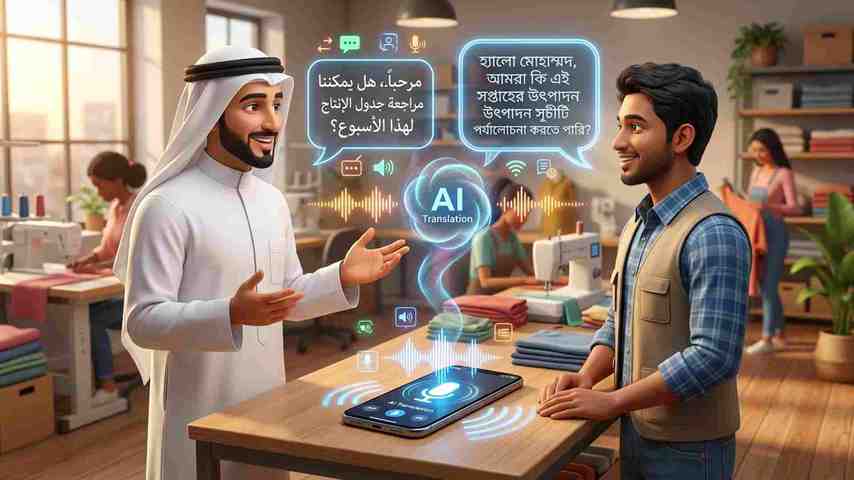 এআই ভয়েস ট্রান্সলেটর আরবি ও মালয় টু বাংলা ৩ডি ইনফোগ্রাফিক