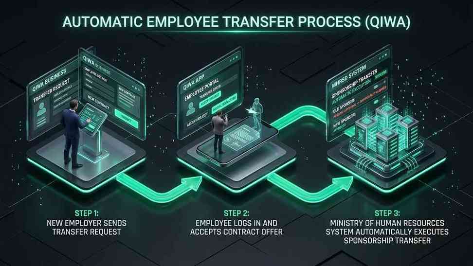 Creation of a new company's request, the expatriate's consent on Qiwa, and the Ministry's automated approval.