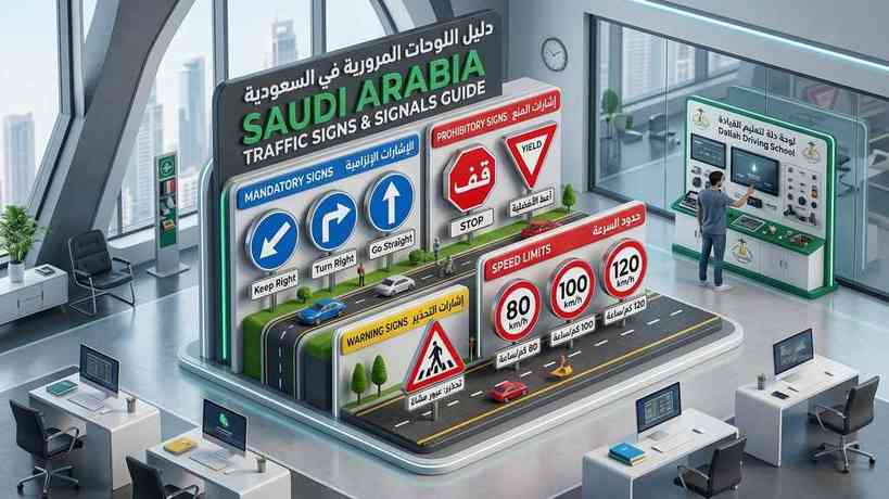 The full chart of official Saudi Arabia traffic road signs and signals.