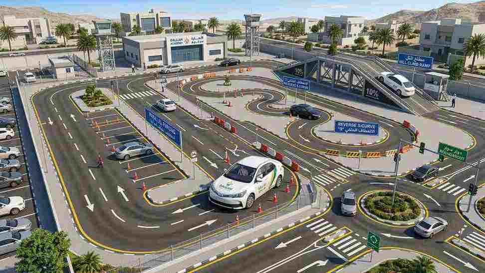 Dallah Driving School's field practical track and reverse parking exam.