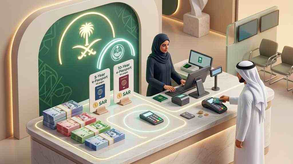 The category-based Saudi riyal fee chart for e-passport renewal at the Bangladesh Embassy in Riyadh.