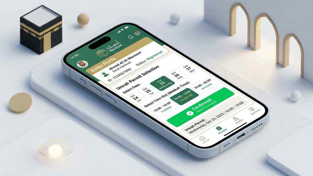 Creating a visitor profile on the Nusuk platform and selecting a specific Umrah slot.
