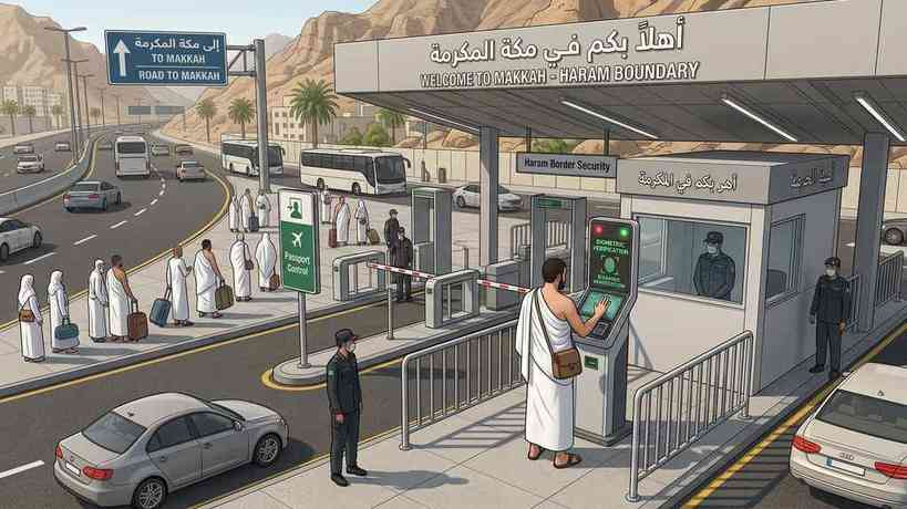 Passport and Nusuk permit verification at the Mecca Haram boundary checkpoint.