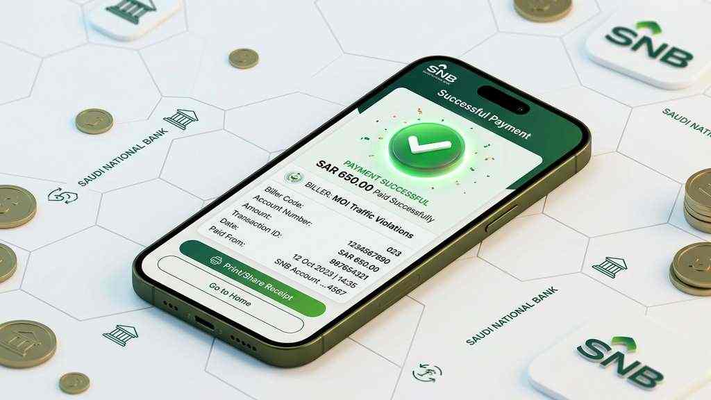 Traffic fine payment interface on the SADAD pay-bill menu of a mobile banking app.