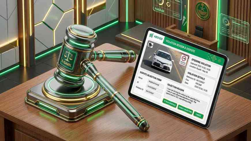 Viewing traffic fine photos on the Absher portal and the online objection filing process.