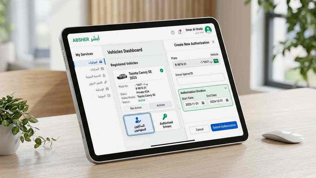 The list of registered vehicles on the Absher platform and the driver Tafweed creation menu.