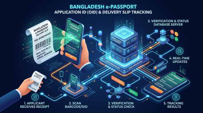 পাসপোর্ট ডেলিভারি স্লিপ বারকোড ও অ্যাপ্লিকেশন আইডি স্ক্যান 3D ইনফোগ্রাফিক