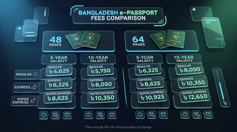 বাংলাদেশ ই-পাসপোর্ট সরকারি ফি কাঠামো ও ডেলিভারি মোড তুলনা 3D ইনফোগ্রাফিক
