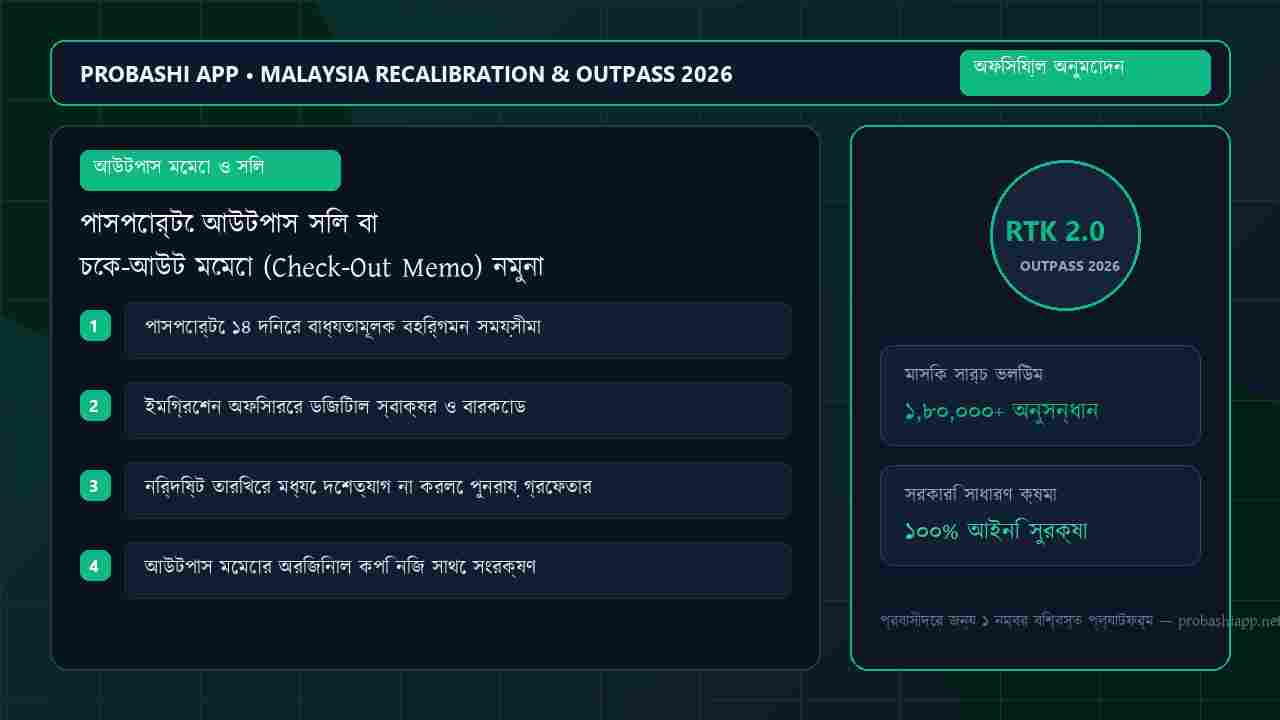 Outpass stamp and Check-Out Memo on the passport by Malaysia Immigration.
