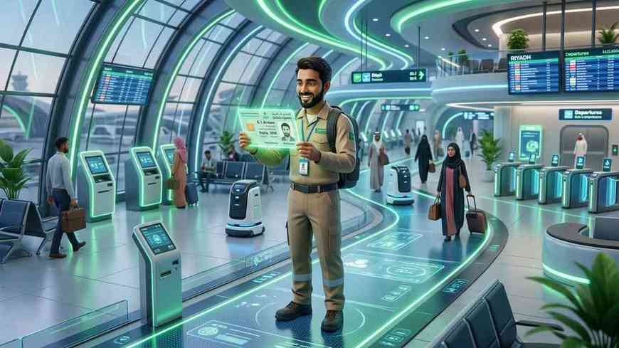 Digital e-gate at a modern Riyadh smart terminal and smartphone Iqama verification for expatriates.