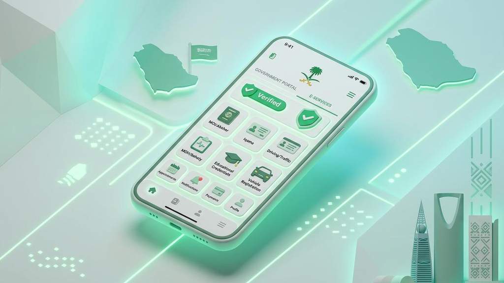 The home screen dashboard of the Absher Individuals app and its verified Iqama interface.