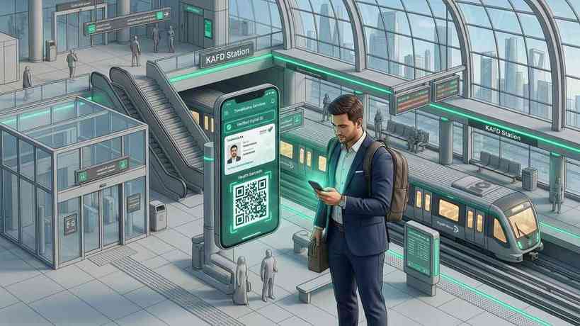 Tawakkalna digital ID verification and a security checkpoint at a modern Riyadh metro station.