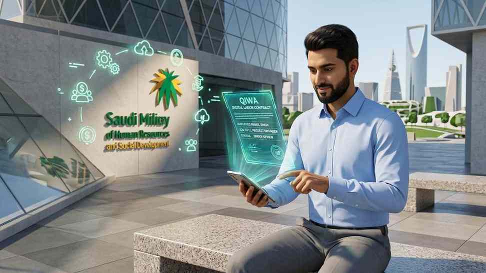 A digital job offer verification, 10-day approval countdown, and terms review on the Qiwa mobile and web interface.