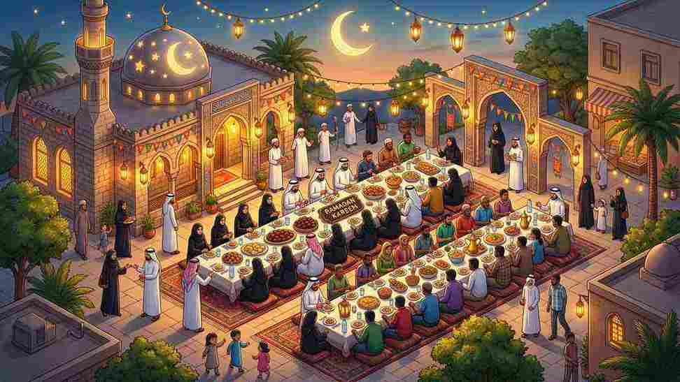 The calm, serene environment of a local mosque during the Asr and Maghrib Azan, and the prayer break of nearby shops.